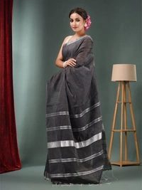 Nilima Handloom Zari Border Cotton Slab Saree - Black, Cotton (CK)