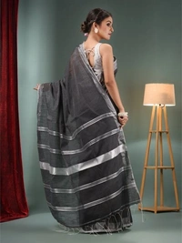 Nilima Handloom Zari Border Cotton Slab Saree - Black, Cotton (CK)