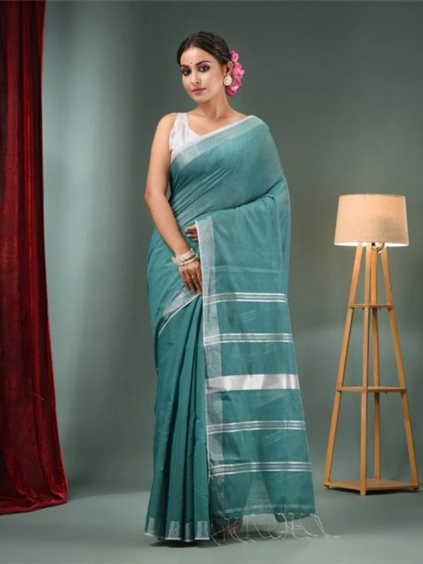 Nilima Handloom Zari Border Cotton Slab Saree - Sea Green, Cotton Slab