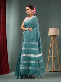 Nilima Handloom Zari Border Cotton Slab Saree - Sea Green, Cotton Slab