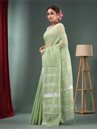 Nilima Handloom Zari Border Cotton Slab Saree - Granny Smith Apple, Cotton (CK)