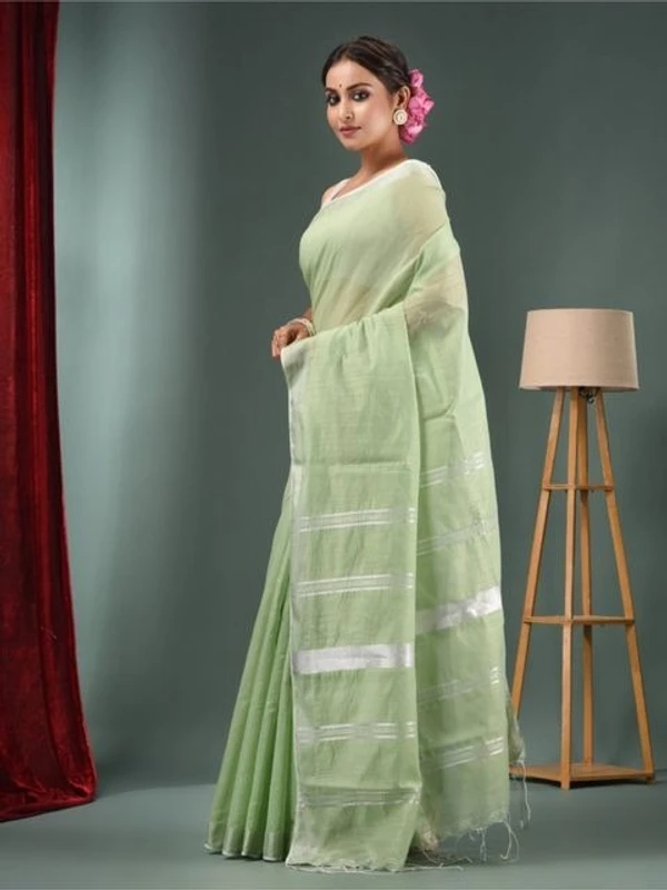 Nilima Handloom Zari Border Cotton Slab Saree - Granny Smith Apple, Cotton Slab