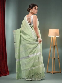 Nilima Handloom Zari Border Cotton Slab Saree - Granny Smith Apple, Cotton (CK)