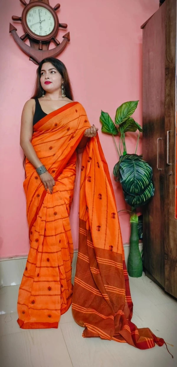 Handloom Woven Motive Saree - Orange