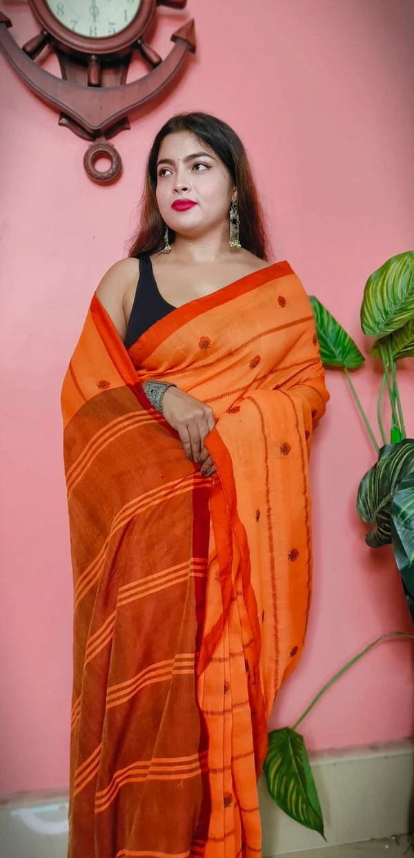 Handloom Woven Motive Saree - Orange