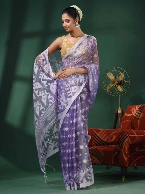 Handloom Woven Resham Soft Dhakai Jamdani - Purple, Cotton Resham
