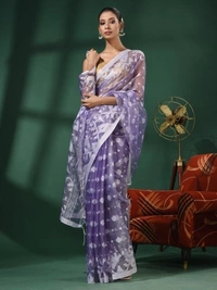 Handloom Woven Resham Soft Dhakai Jamdani - Purple, Cotton Resham