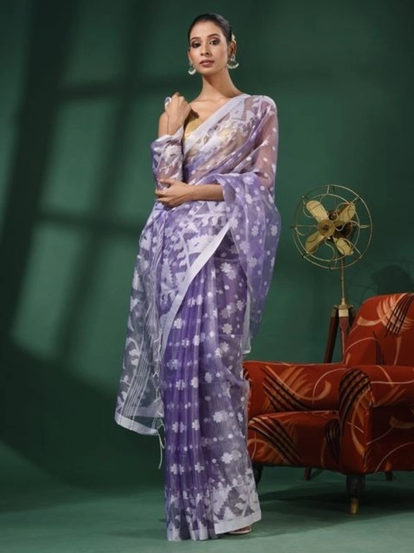 Handloom Woven Resham Soft Dhakai Jamdani - Purple, Cotton Resham