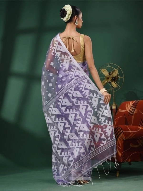 Handloom Woven Resham Soft Dhakai Jamdani - Purple, Cotton Resham