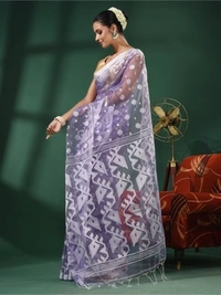 Handloom Woven Resham Soft Dhakai Jamdani - Purple, Cotton Resham