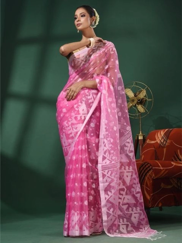 Handloom Woven Resham Soft Dhakai Jamdani - Pink, Cotton Resham