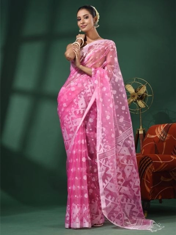 Handloom Woven Resham Soft Dhakai Jamdani - Pink, Cotton Resham