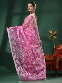 Handloom Woven Resham Soft Dhakai Jamdani - Pink, Cotton Resham