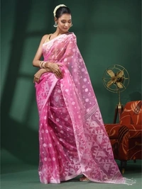 Handloom Woven Resham Soft Dhakai Jamdani - Pink, Cotton Resham