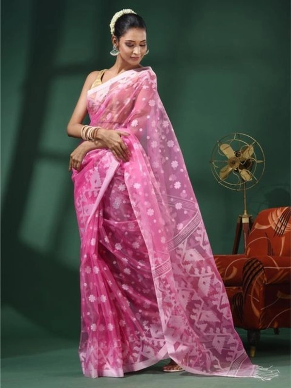 Handloom Woven Resham Soft Dhakai Jamdani - Pink, Cotton Resham