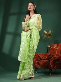 Handloom Woven Resham Soft Dhakai Jamdani - Granny Smith Apple, Cotton Resham