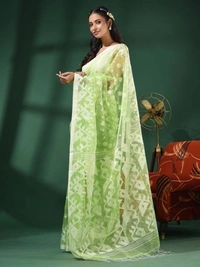 Handloom Woven Resham Soft Dhakai Jamdani - Granny Smith Apple, Cotton Resham
