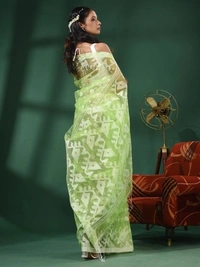 Handloom Woven Resham Soft Dhakai Jamdani - Granny Smith Apple, Cotton Resham