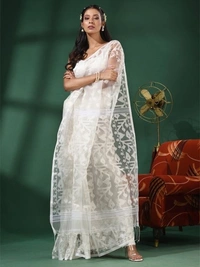 Handloom Woven Resham Soft Dhakai Jamdani - White, Cotton Resham