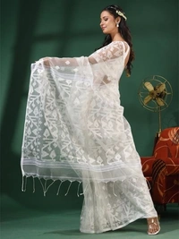 Handloom Woven Resham Soft Dhakai Jamdani - White, Cotton Resham