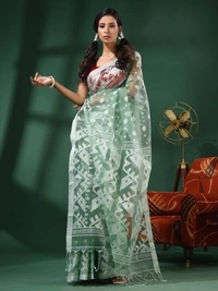 Handloom Woven Resham Soft Dhakai Jamdani - Sea Green, Cotton Resham