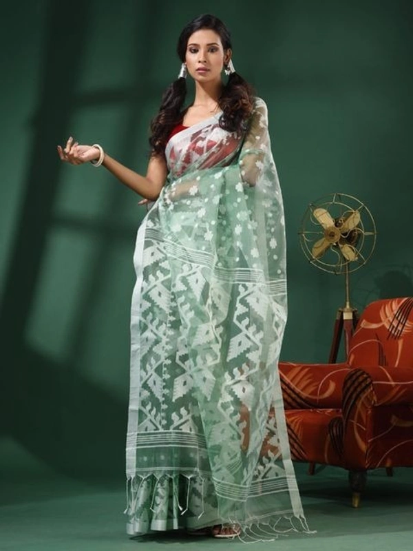 Handloom Woven Resham Soft Dhakai Jamdani - Sea Green, Cotton Resham