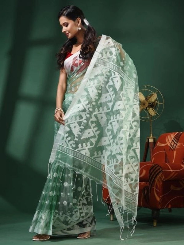 Handloom Woven Resham Soft Dhakai Jamdani - Sea Green, Cotton Resham