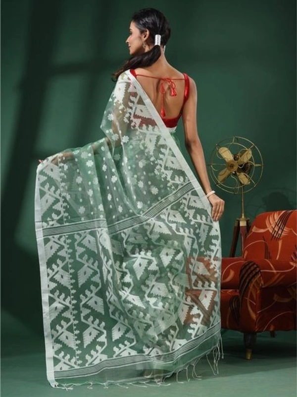 Handloom Woven Resham Soft Dhakai Jamdani - Sea Green, Cotton Resham