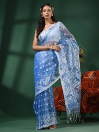 Handloom Woven Resham Soft Dhakai Jamdani - Seagull, Cotton Resham