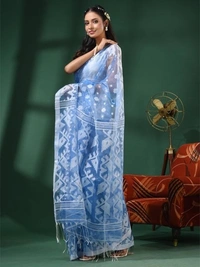 Handloom Woven Resham Soft Dhakai Jamdani - Seagull, Cotton Resham