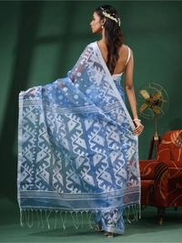 Handloom Woven Resham Soft Dhakai Jamdani - Seagull, Cotton Resham