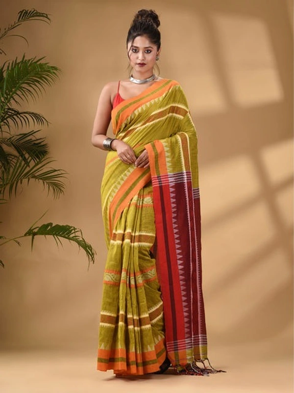 Traditional Woven Temple Border Saree - Olive