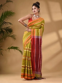 Traditional Woven Temple Border Saree - Olive