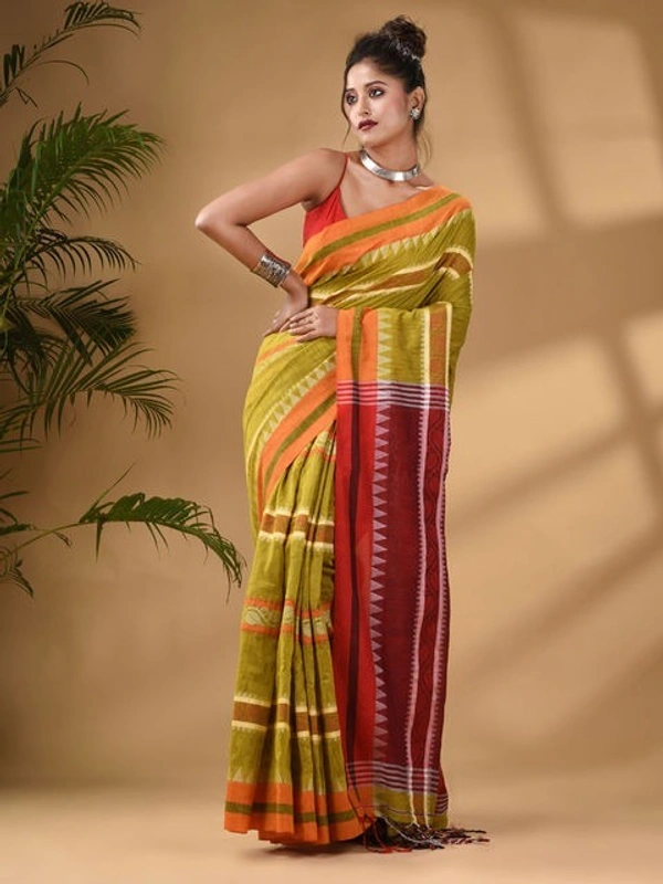 Traditional Woven Temple Border Saree - Olive