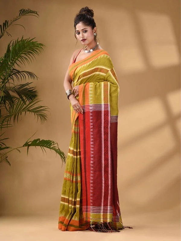 Traditional Woven Temple Border Saree - Olive