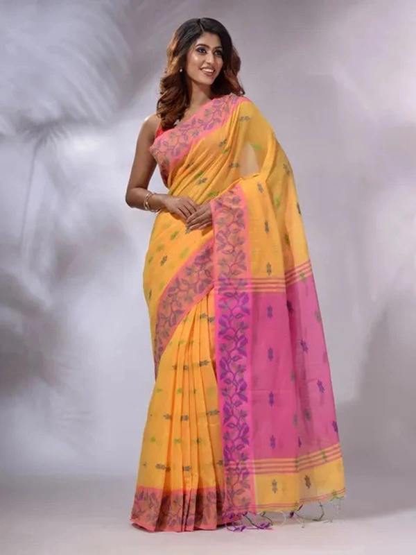 Handloom Woven Border Saree - Yellow Orange