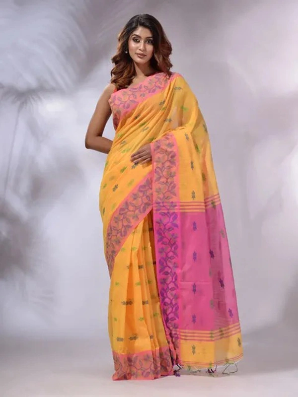 Handloom Woven Border Saree - Yellow Orange