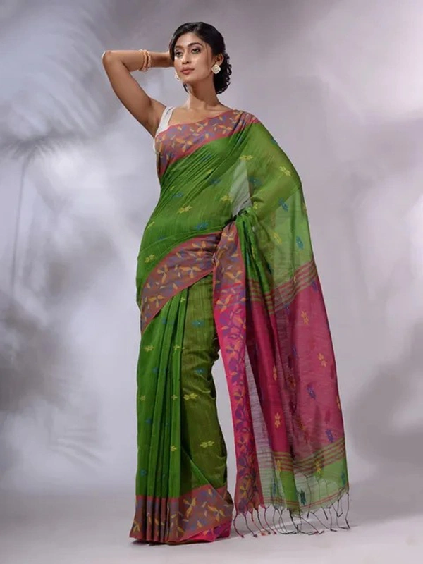 Handloom Woven Border Saree - Green