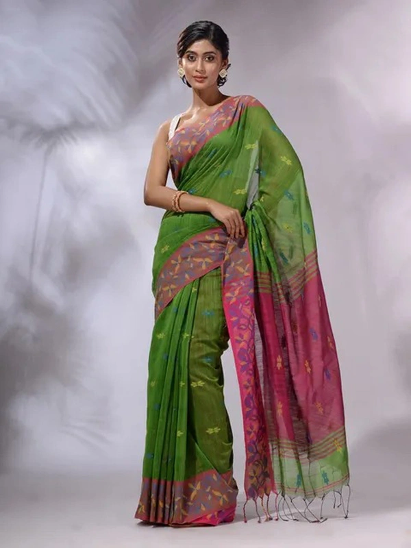 Handloom Woven Border Saree - Green