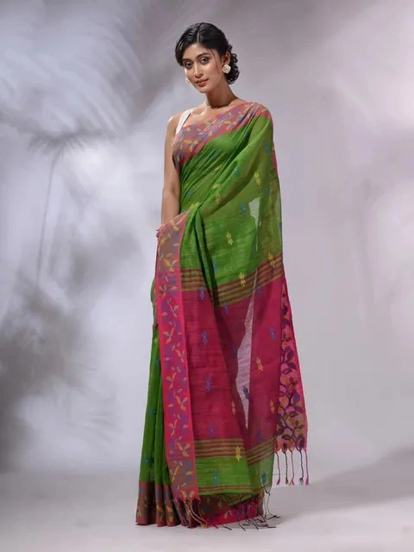 Handloom Woven Border Saree - Green