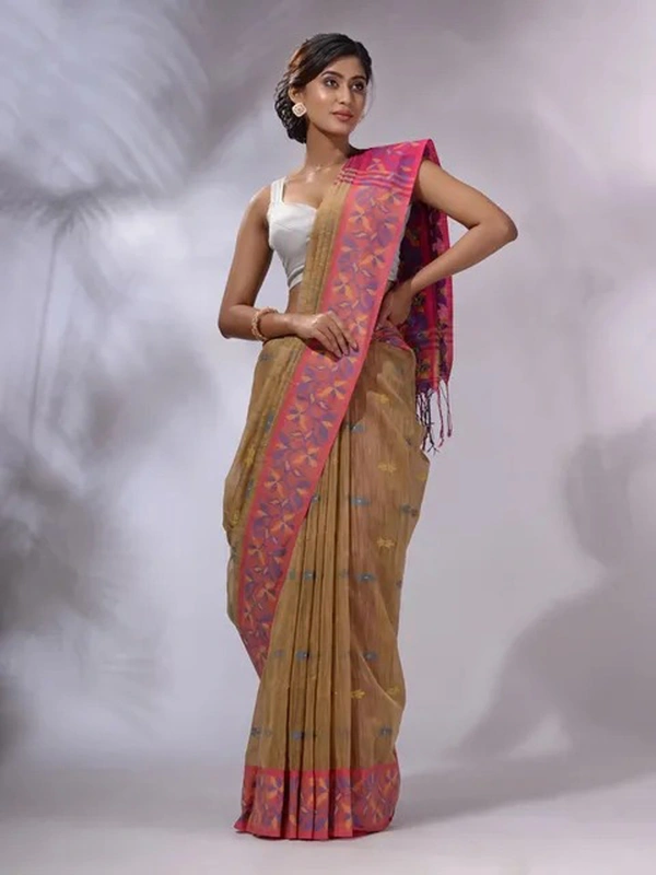 Handloom Woven Border Saree - Khaki