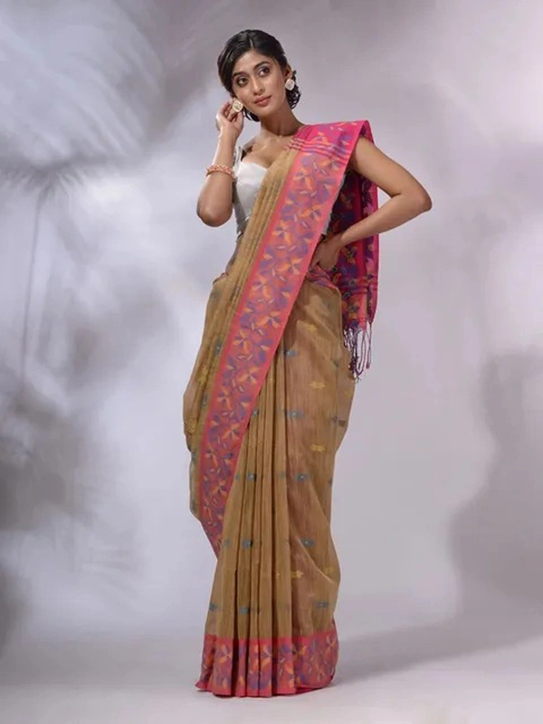 Handloom Woven Border Saree - Khaki