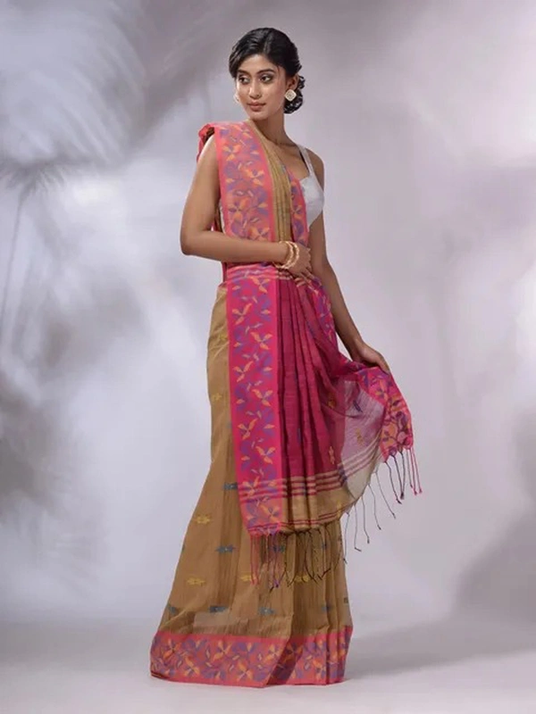 Handloom Woven Border Saree - Khaki