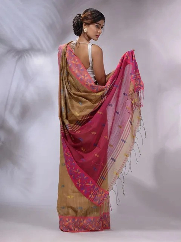 Handloom Woven Border Saree - Khaki