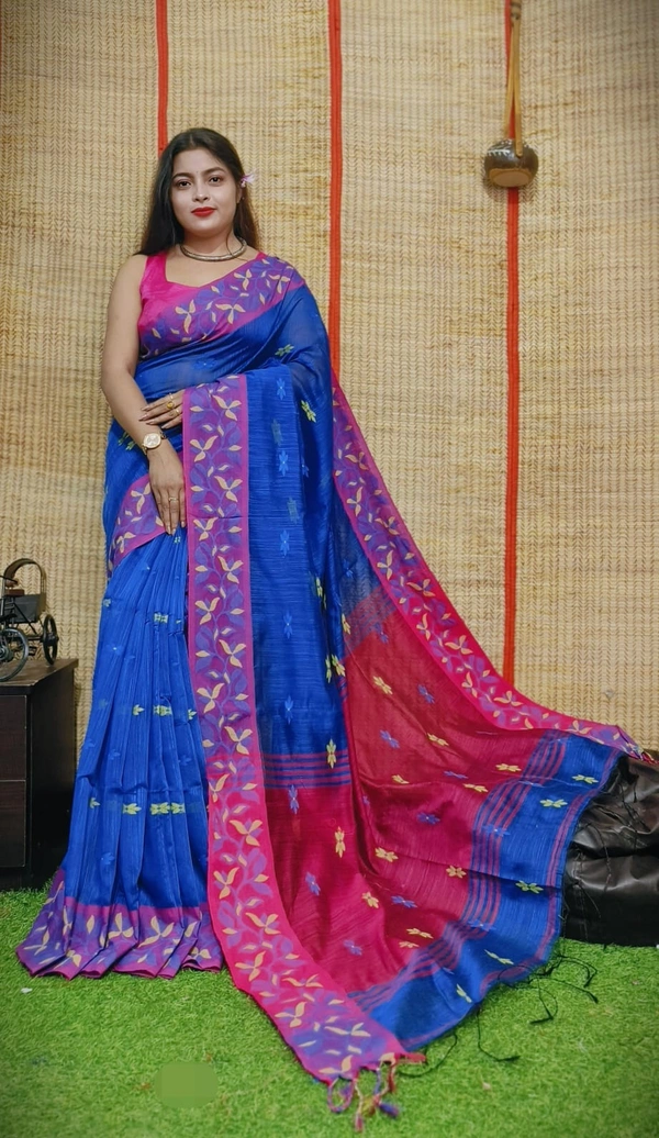 Handloom Woven Border Saree - Blue & Maroon