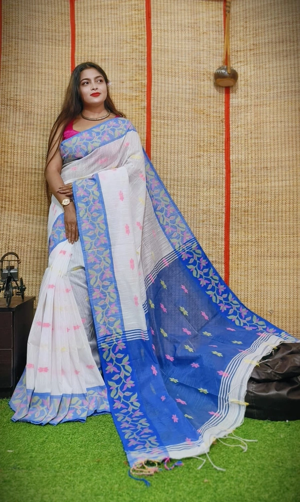 Handloom Woven Border Saree - White & Blue