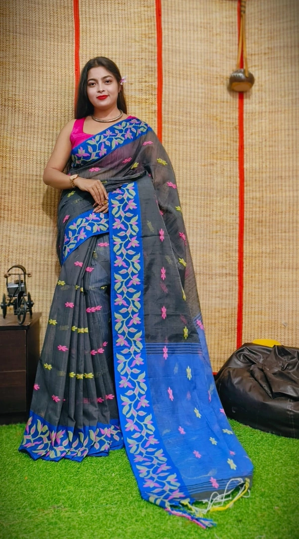 Handloom Woven Border Saree - Black & Blue