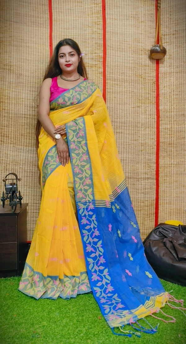 Handloom Woven Border Saree - Tangerine & Blue