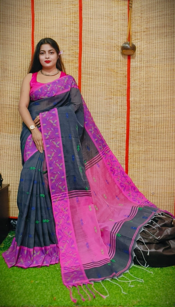 Handloom Woven Border Saree - Navy Blue
