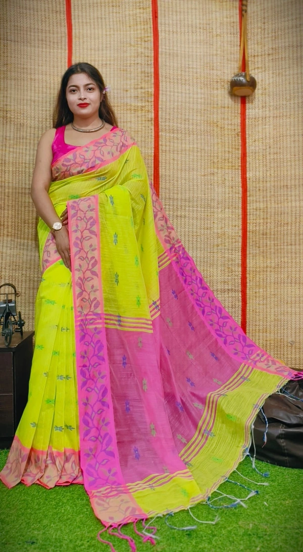 Handloom Woven Border Saree - Electric Lime